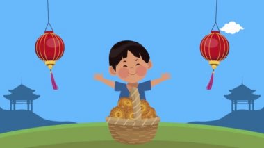 Mutlu sonbahar festivali animasyonları Asyalı çocuk ve sepeti ile