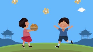 Mutlu sonbahar festivali animasyonları Asyalı çocuklarla