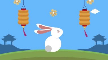 Mutlu sonbahar festivali animasyonu Tavşan ve lambalar sahnesi