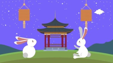 Mutlu sonbahar festivali animasyonları Tavşanlar ve pagoda