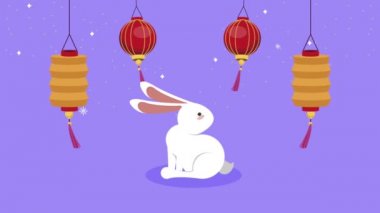 Sonbahar festivalinin ortasında tavşan ve fenerlerin asılı olduğu animasyon.
