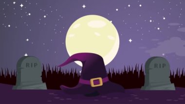 Mezarlıktaki cadı şapkasıyla Cadılar Bayramı animasyonunuz kutlu olsun.