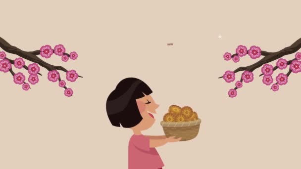 Mi automne festival animation avec asiatique fille marche et arbres branches — Video