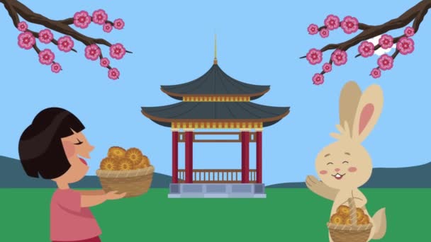 Happy mid autumn festival animation with asian girl and rabbit — Stock Video