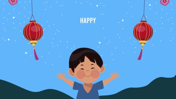 Χαρούμενο φεστιβάλ στα μέσα του φθινοπώρου με ασιατικό αγόρι και λάμπες — Αρχείο Βίντεο