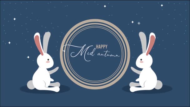 Happy mid autumn festival lettering with rabbits and circular frame — Stock Video