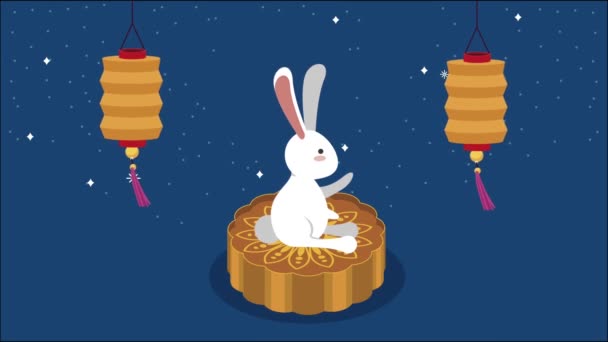 Fröhliche Herbstfest-Animation mit Hase im Mondkuchen — Stockvideo