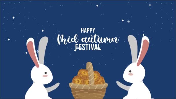 Fröhliche Herbstfest-Schriftzüge mit Hasen und Mondkuchen im Korb — Stockvideo