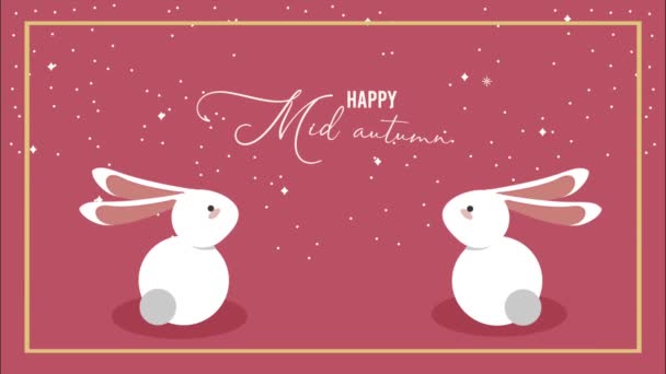 Happy mid autumn festival lettering with rabbits — Stock Video