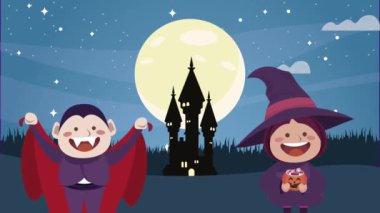 Dracula ve cadı karakterleri gibi gizlenmiş çocuklar.