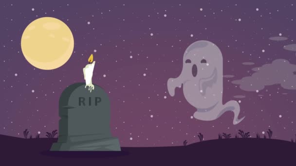 Happy halloween animation with ghost and gravestone — Stock Video
