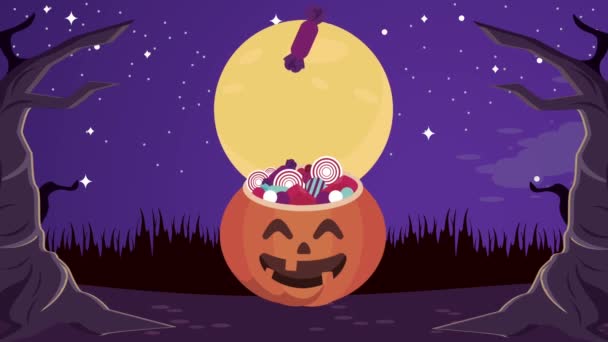 Gelukkig halloween animatie met snoepjes pompoen en maan scene — Stockvideo