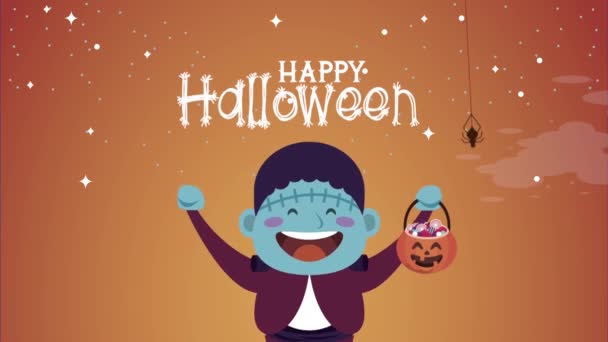 Feliz halloween letras con frankenstein niño — Vídeos de Stock