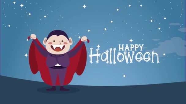 Feliz halloween lettering con dracula niño — Vídeo de stock