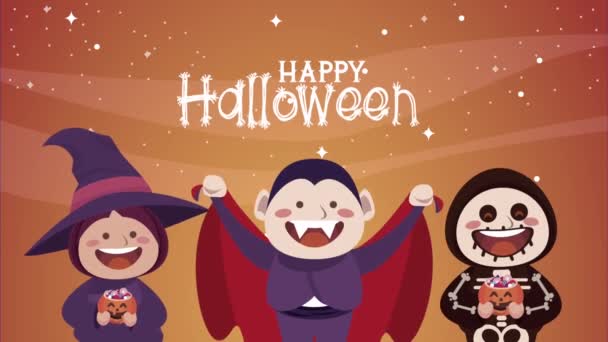 Fröhlicher Halloween-Schriftzug mit verkleideten Kindern — Stockvideo