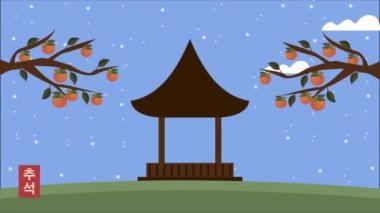 Portakal ağaçları ve pagoda ile mutlu chuseok kutlamaları.