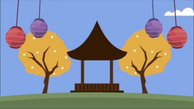 Mutlu chuseok kutlama animasyonları Lambalar ve pagoda ile