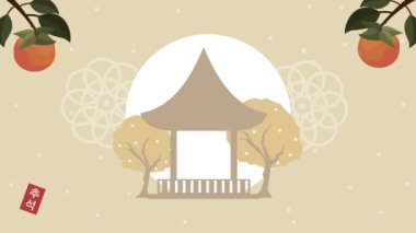 Mutlu chuseok kutlama animasyonları Pagoda ve ağaçlarla