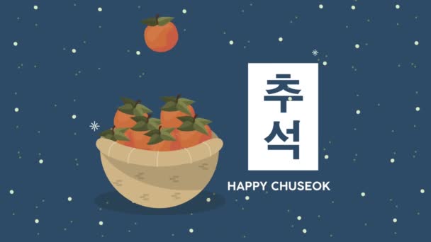 Happy chuseok lettering with fruits in basket — Stock Video