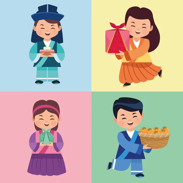 Quatro crianças comemorando chuseok — Vetor de Stock