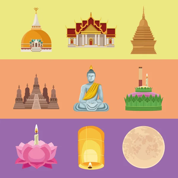 Nove ícones de liga krathong — Vetor de Stock