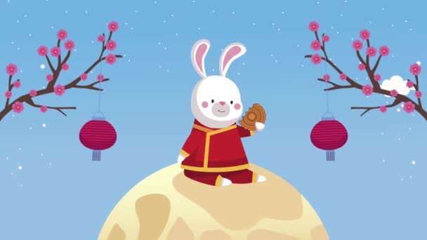 Mitt på hösten animation med kanin i fullmåne och grenar — Stockvideo