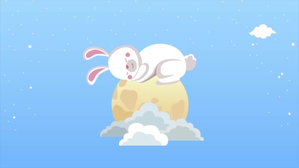 Animación de mediados de otoño con conejo durmiendo en la luna — Vídeos de Stock