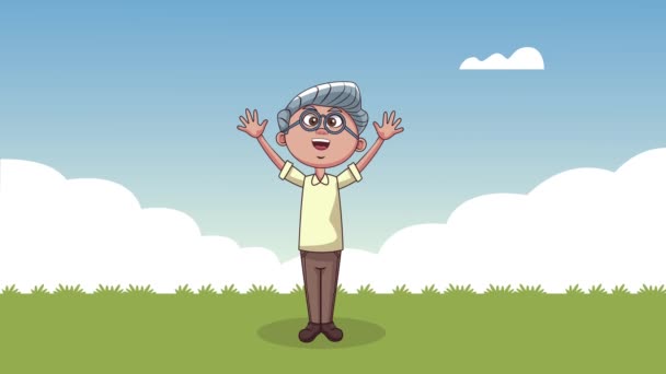 Cute grandfather in the field character animation — Stock Video