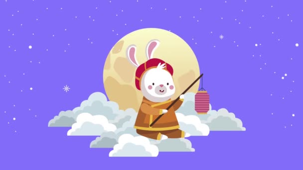 Animación a mediados de otoño con conejo y luna en las nubes — Vídeos de Stock