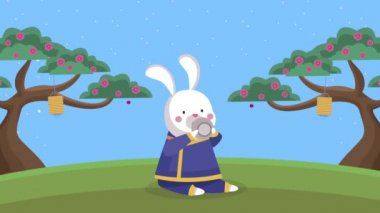 Sonbahar ortası animasyonu ve tarlada tavşan.