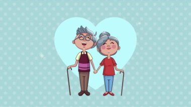 Kalp animasyonunda bastonlu büyükanne ve büyükbaba çifti