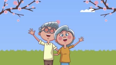 Kamp animasyon karakterlerindeki büyükanne ve büyükbaba çift.