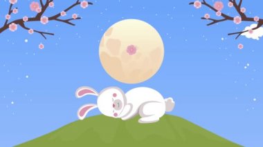 Sonbahar ortası animasyonu ve kampta uyuyan tavşan.