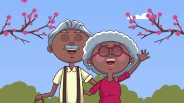 Afro büyükanne ve büyükbaba, dalları animasyonlu.