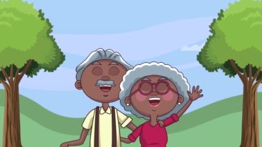 Afro büyükanne ve büyükbaba çifti ve ağaç animasyonu