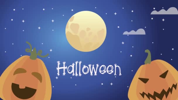 Happy halloween lettering animation with pumpkins and moon — Stock Video