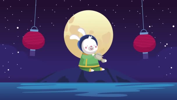 湖中与兔子共舞的中秋动画 — 图库视频影像