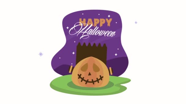 Happy halloween lettering animation with frankenstein pumpkin — Stock Video