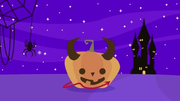 Glad halloween djävul pumpa och slott animation — Stockvideo