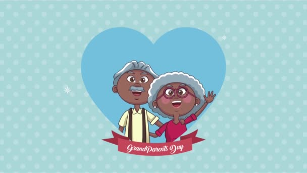 Feliz dia dos avós lettering com afro casal no coração — Vídeo de Stock
