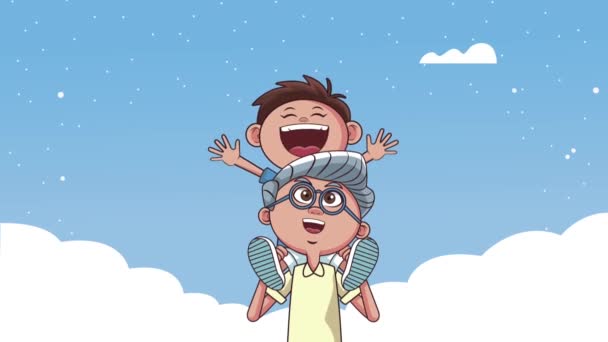 Cute grandfather with grandson animation — Stock Video