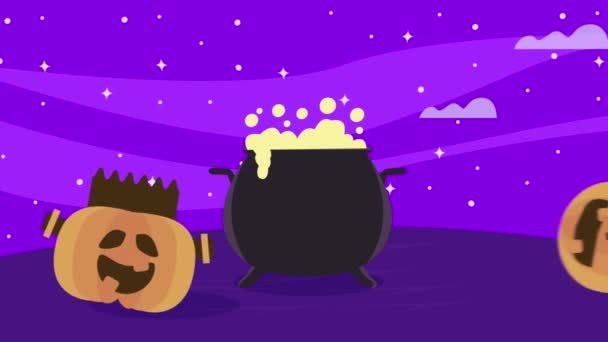 Feliz halloween calabazas y caldero animación — Vídeo de stock