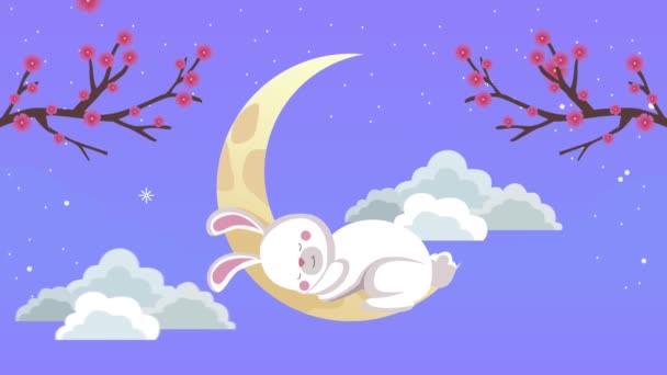 Mid autumn animation with rabbit sleeping in crescent moon — Stock Video