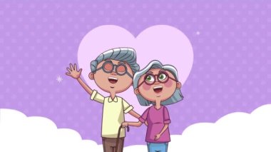 Büyük anne ve büyük baba kalp ve bulut animasyonu olan çift