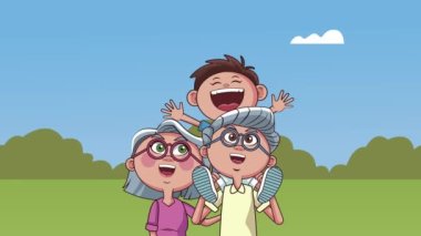 Büyük anne ve büyük baba ve torunu tarlada.