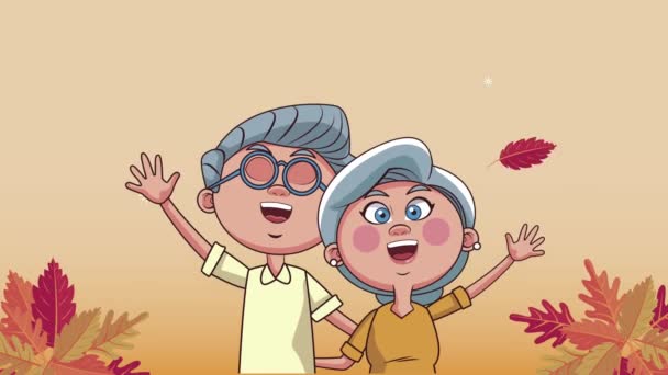 祖父母夫妇与秋天树叶场景动画 — 图库视频影像