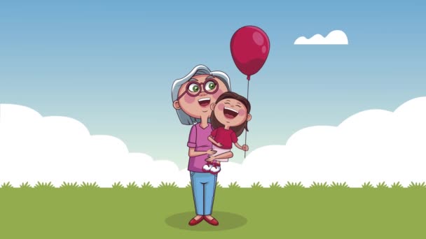 かわいい祖母持ち上げ孫娘と風船ヘリウム — ストック動画