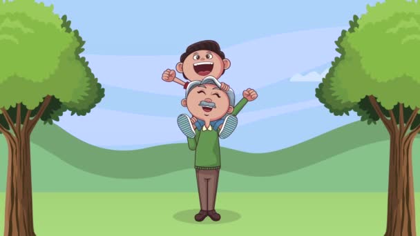 Cute grandfather with grandson characters animation — Stock Video