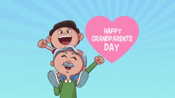 Feliz día de los abuelos letras con abuelo y niño — Vídeo de stock