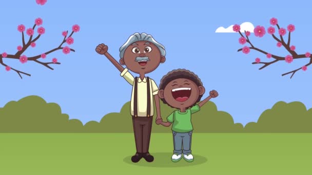 Милый афро-дедушка с анимацией внуков — стоковое видео